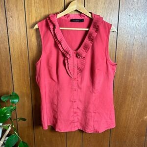 The Limited Red Sleeveless Ruffle V Neck Button Up Blouse Top Size L‎